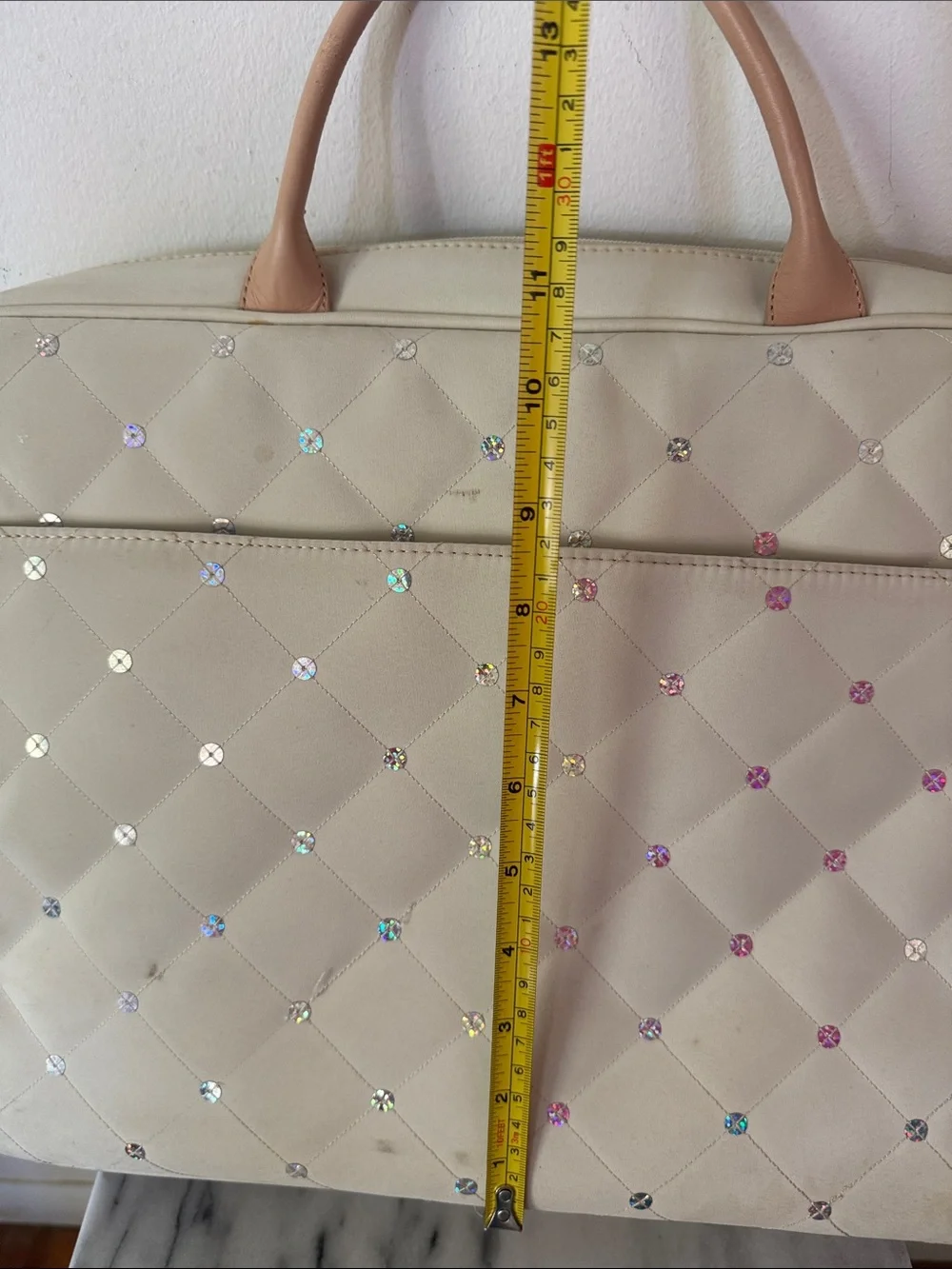 Abbi Cream Quilted Laptop Bag with Crystal Studs and Tan Trim